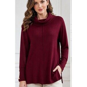 Anne Klein Sweater Women M Burgundy Cowl Neck Gold Button Sleeve Soft Knit